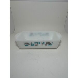 Vintage Anchor Hocking Atomic Eyes Loaf Pan Turquois Milk Glass MCM Bakeware 507